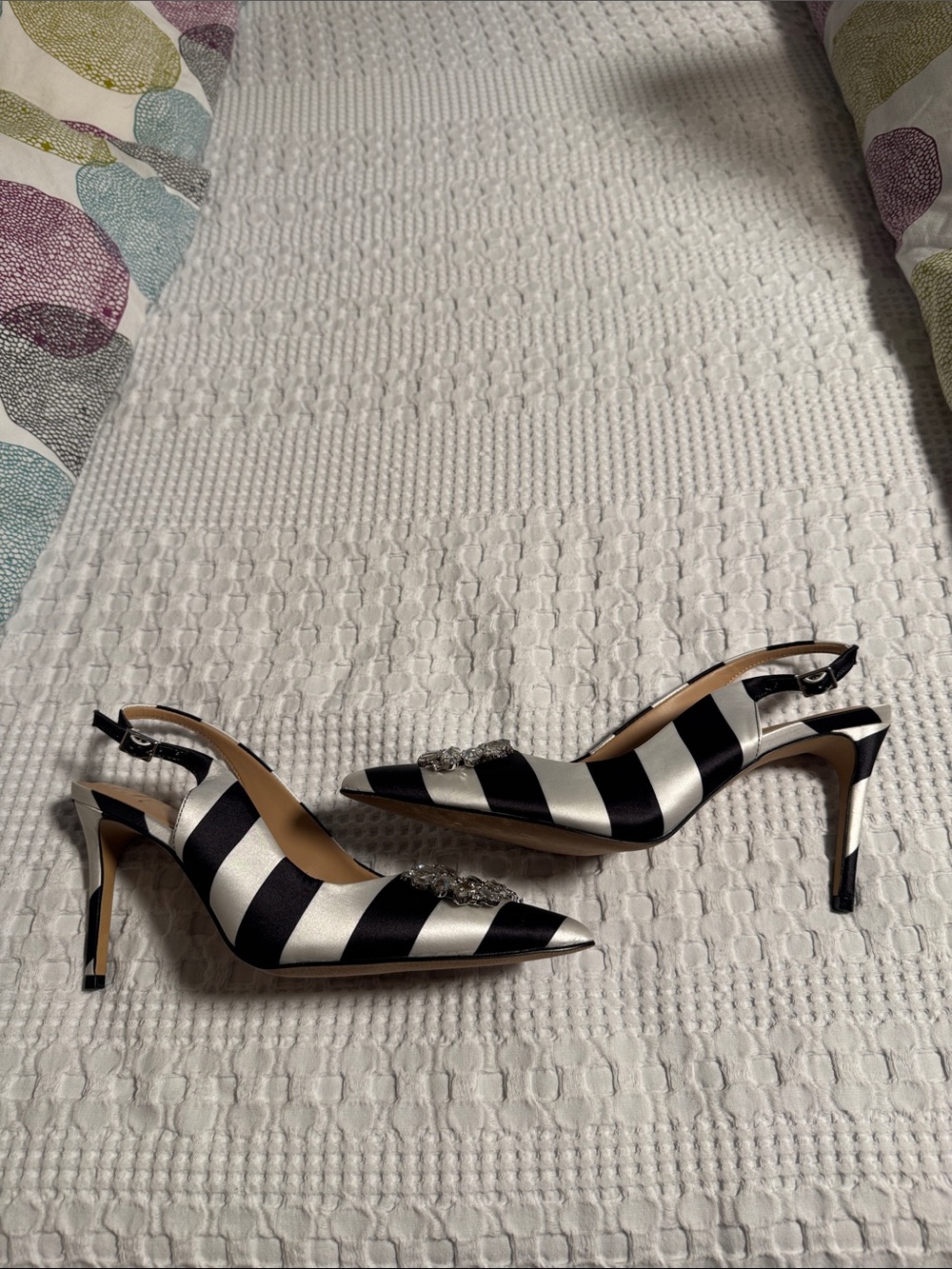Striped Black and White Slingback Heels with Crystal Buckle - Picture 3 of 6